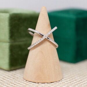 Crisscross Pave X Moissanite Minimalist Ring Sterling Silver ~ New & Beautiful